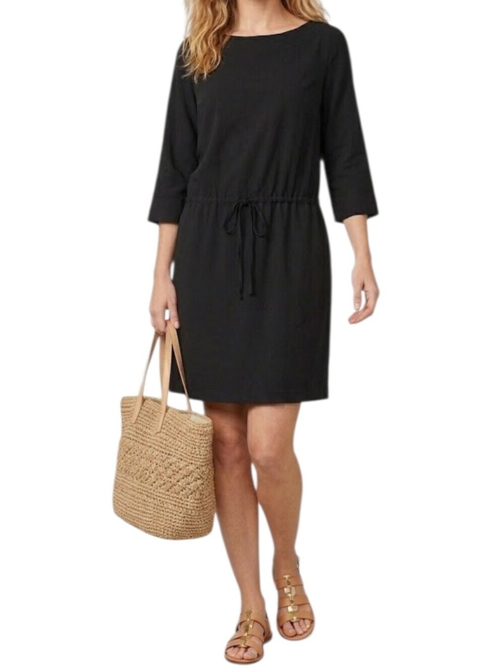 J. Jill Black Boat-neck Dress Drawstring Waist Rayon 3/4 Sleeve Sz XL Minimalist